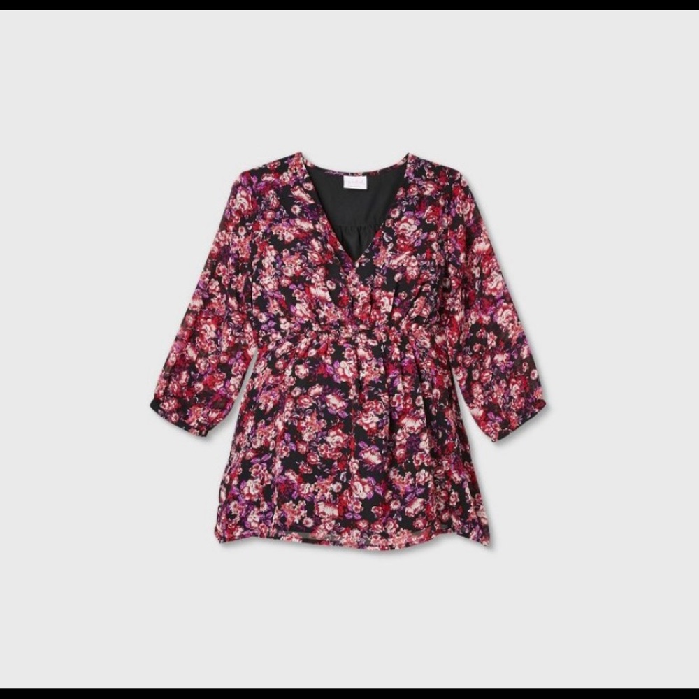 NWT Isabel Maternity Floral 3/4 Sleeve Chiffon Woven Blouse Black/Burgundy Med